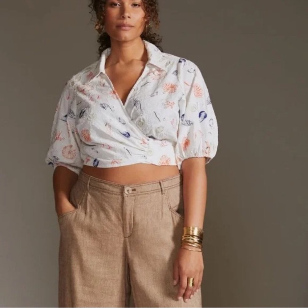 Anthropologie White and Orange Pajama Set with Whimsical Design Seashells Sea M2 - Picture 10 of 10